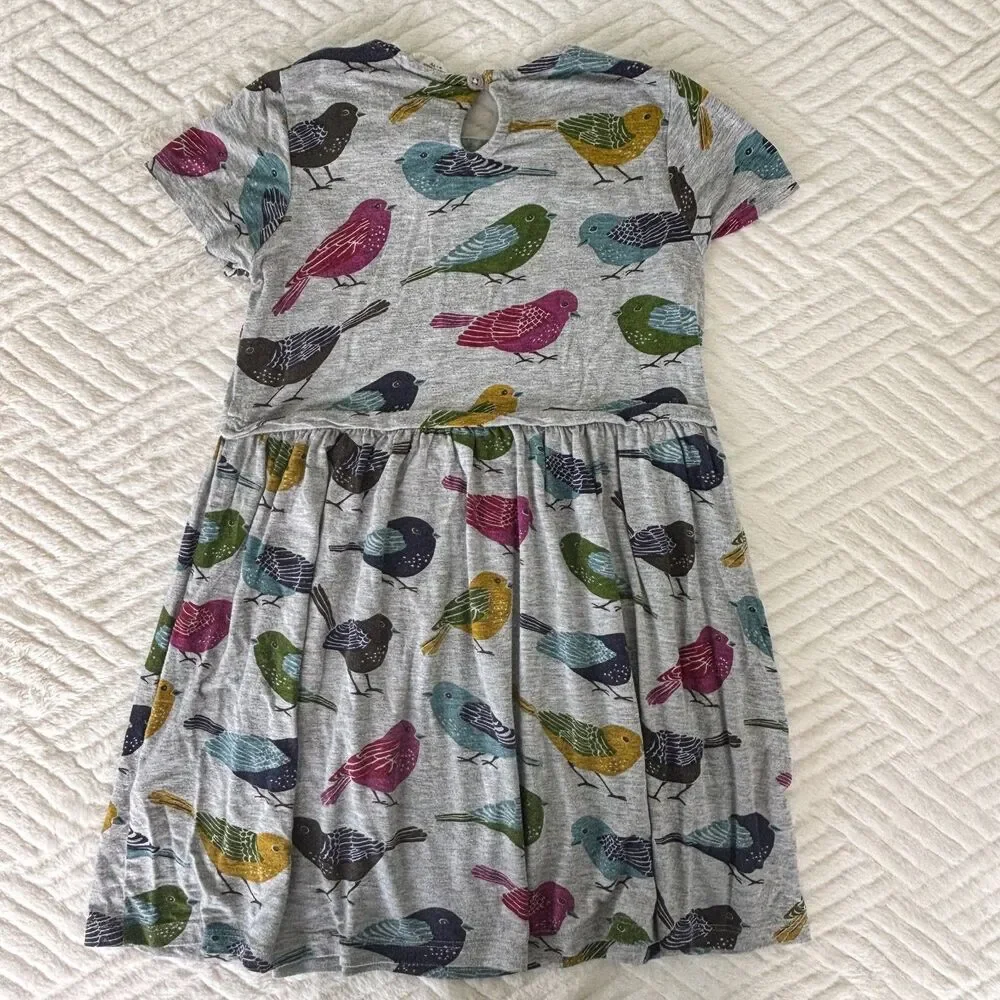 Mini Boden Girls Size 6-7 Bird Print Dress Sequin Peter Pan Collar Gray